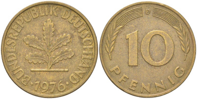 ФРГ 10 пфеннигов 1976 D KM 108 сталь плакированная латунью 4613-1235