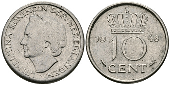 Нидерланды 10 центов 1948 Вильгельмина (1895-1948) KM 177 никель 96-521