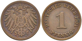ГЕРМАНИЯ 1 ПФЕННИГ 1904 A KM 10, J. 10, Weege 2 медь 211-323