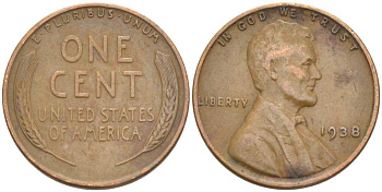 США 1 ЦЕНТ 1938 ЛИНКОЛЬН KM 132 бронза 3309-1241
