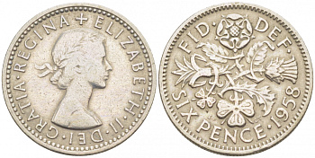 Великобритания 6 пенсов 1958 Елизавета II (1952-2022) KM 903, Spink 4149 медно-никель 3718-249