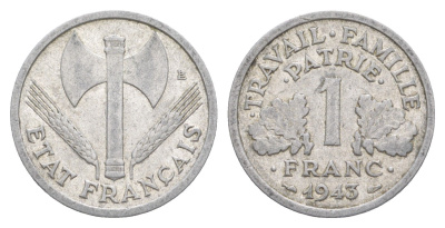 Франция 1 франк 1943 KM 902.1, Le Franc 222.2 алюминий 4641-1017