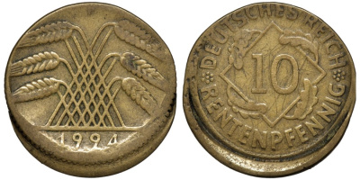 Германия 10 рентенпфеннигов 1924 F, БРАК, СМЕЩЕНИЕ KM 33, J. 309 алюминиевая бронза 1519-842