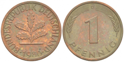 ФРГ 1 ПФЕННИГ 1980 D KM 105, J.380 сталь плакированная медью 3718-227