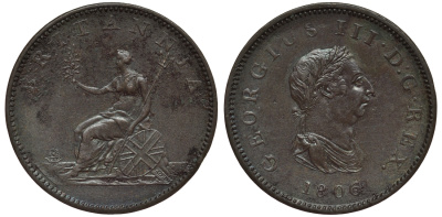 Великобритания 1/2 пенни 1806 Георг III (1760-1820) KM 662, Spink 3781 медь 1523-1244