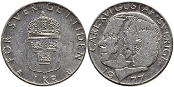 Швеция 1 крона 1977 Карл XVI Густав (1973- ) KM 852 медь плакированная медно-никелем 4397-521