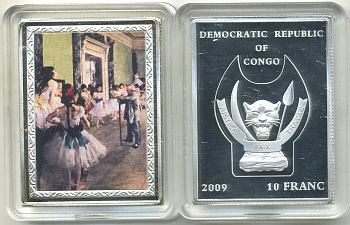 Конго 10 франков 2009 серия шедевры мировой живописи, ЭДГАР ДЕГА, КЛАСС ТАНЦА, серебрение, размер 35Х46 мм., цветная эмаль медно-никель PROOF M43-2