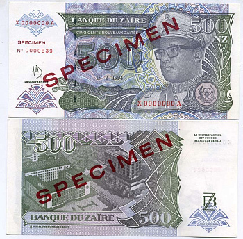 Заир 500 заиров 1994 Мобуту Сесе Секо в военной форме, Центральный банк в Киншасе, Hotel des Monnaies. Образец, Specimen Pick 63 s бумага UNC (пресс) 448-37-2