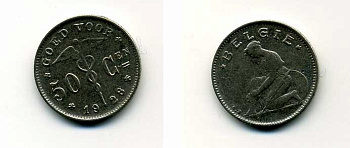 БЕЛЬГИЯ 50 САНТИМОВ 1928 BELGIE KM 88 никель 46-1953