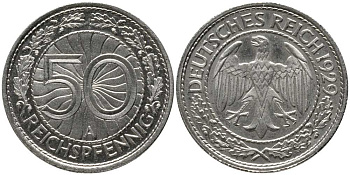 Германия 50 рейхспфеннигов 1929 A KM 49, J. 324 никель PROOF 00-817-40