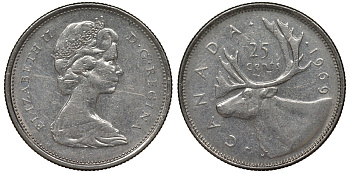 Канада 25 центов 1969 Елизавета II (1952-2022), олень KM 62 b никель 4128-641