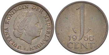 НИДЕРЛАНДЫ 1 ЦЕНТ 1966 ЮЛИАНА (1948-1980) KM 180 бронза 214-1035