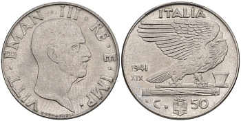 ИТАЛИЯ 50 ЧЕНТЕЗИМО 1941 R, ГОД XIX, ВИКТОР ЭММАНУИЛ III (1900-1946) KM 76b, VEM3. 1063 нержавеющая сталь 3853-342