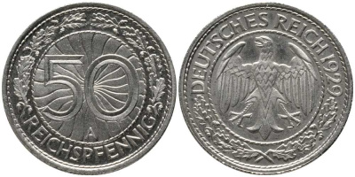 Германия 50 рейхспфеннигов 1929 A KM 49, J. 324 никель PROOF 00-817-40