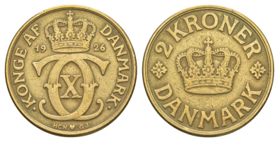 Дания 2 кроны 1926 HCN; GJ, Кристиан X (1912-1947) KM 825 алюминиевая бронза 82-1121
