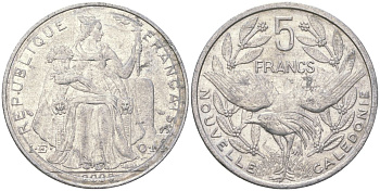 Французская Новая Каледония 5 франков 2008 птица кагу, (IEOM) KM 16, Schoen 12, Lec 81k алюминий 221-625