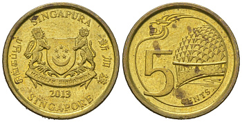 Сингапур 5 центов 2013 KM 345 сталь плакированная латунью aUNC 4618-819