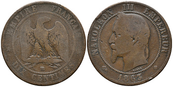 ФРАНЦИЯ 10 САНТИМОВ 1863 ВВ, НАПОЛЕОН III (1852-1870) KM 798.2, LA FRANC 134.9 бронза 32-934