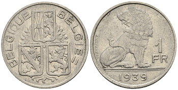 Бельгия 1 франк 1939 Леопольд III (1934-1950), Belgique-Belgie, лев KM 119 никель 85-913