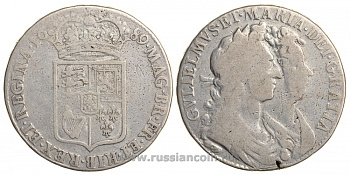 Англия 1/2 кроны 1689 Вильгельм III и Мария II (1688-1694) KM 472.1, Spink 3434 серебро 00-819-31