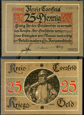 Германия, Косфельд 25 пфеннигов 1918 нотгельд, 6 цифр в номере Tieste 1185.05.01 бумага UNC (пресс) 444-76-2-2