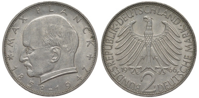 ФРГ 2 марки 1966 F, Макс Планк KM 116,  J. 392 медно-никель плакированный никелем 4123-812