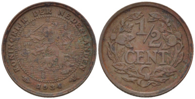 НИДЕРЛАНДЫ 1/2 ЦЕНТА 1934 ВИЛЬГЕЛЬМИНА (1890-1948) KM 138 бронза 39-226
