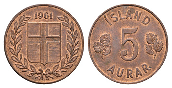 Исландия 5 эйре 1961 KM 9 бронза aUNC 4592-954