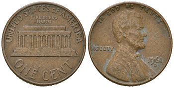 США 1 цент 1961 D, Авраам Линкольн  KM 201 медь цинк 220-839