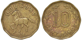 Уругвай 10 сентесимо 1978 KM 66 алюминиевая бронза 4164-764