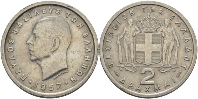 Греция 2 драхмы 1957 Павел I (1947-1964) KM 82 медно-никель 28-216