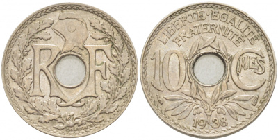 ФРАНЦИЯ 10 САНТИМОВ 1938 ТИП ЛИНДАЙЁ KM 866а, LE FRANC 138.25 медно-никель 4402-816
