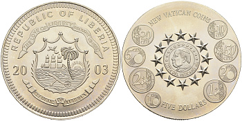 Либерия 5 долларов 2003 новые евромонеты Ватикана KM NEW медно-никель UNC 4558-824