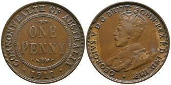 АВСТРАЛИЯ 1 ПЕННИ 1917 ГЕОРГ V KM 23 бронза 4381-131