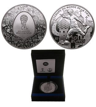 Франция 10 евро 2018 чемпионат мира по футболу в России, оригинальная коробка, сертификат KM NEW серебро PROOF 00-000-00