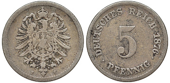 Германия 5 пфеннигов 1876 F, старогербовка KM 3, J. 3 медно-никель 51-3631