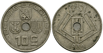 Бельгия 10 сантимов 1939 BELGIE - BELGIQUE KM 113 никель латунь 4172-114