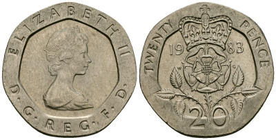 Великобритания 20 пенсов 1983 Елизавета II (1952-2022) KM 931, Spink 4230 (G1) медно-никель 4538-243
