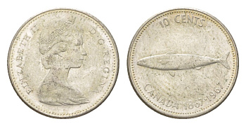 Канада 10 центов 1967 рыба, 100 лет Конфедерации Канада, Ссеребро 0.800, вес 2,3 гр, диаметр 18,3 мм KM 67 серебро 4623-953