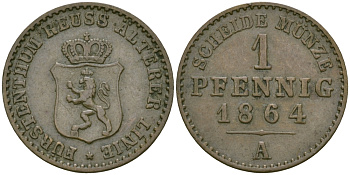 РЕЙС-ШЛАЙЦ 1 ПФЕННИГ 1864 А KM 69 медь 99-926