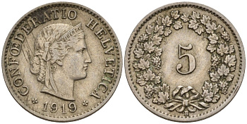 Швейцария 5 раппенов 1919 KM 26 медно-никель 4152-142