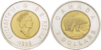 КАНАДА 2 ДОЛЛАРА 1996 ЕЛИЗАВЕТА II (1952-), ПОЛЯРНЫЙ МЕДВЕДЬ KM 270 биметалл 180-812