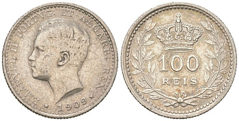 Португалия 100 реалов 1909 Мануэл II (1908-1910) KM 548 серебро 4611-314