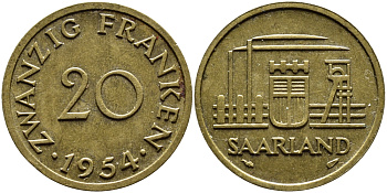 Саарланд 20 франков 1954 индустрия KM 2 алюминиевая бронза 4364-2636