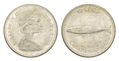 Канада 10 центов 1967 рыба, 100 лет Конфедерации Канада, Ссеребро 0.800, вес 2,3 гр, диаметр 18,3 мм KM 67 серебро 4623-953
