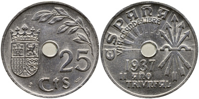 Испания 25 сентимо 1937 год тип KM 753 медно-никель 4379-454
