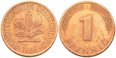 ФРГ 1 ПФЕННИГ 1989 J KM 105, J.380 сталь плакированная медью 4396-1541
