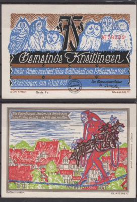 Кнайтлинген 75 пфеннигов 1921 Grabowski 710.2a-5/10 бумага UNC (пресс) 8602-41-2-2