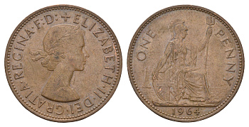 Великобритания 1 пенни 1964 Елизавета II (1952-2022) KM 897, Spink 4157 бронза 221-913