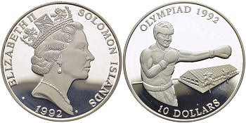 Соломоновы острова 10 долларов 1992 XXV Олимпийские игры 1992 года в Барселоне, бокс KM 50 серебро PROOF 1078-7-14